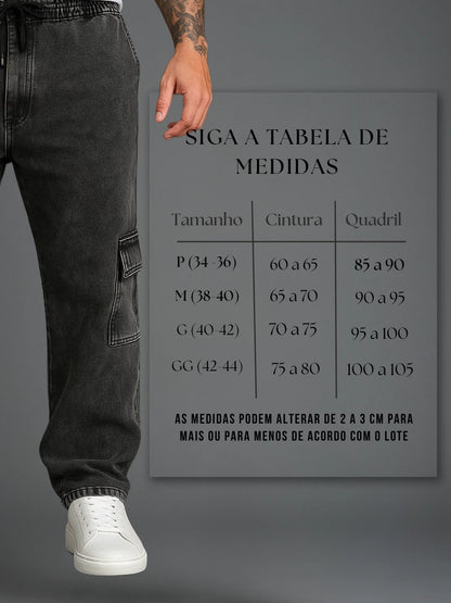 Calça Jeans Cargo Masculina Streetwear Preta Mescla 34 Ao 44